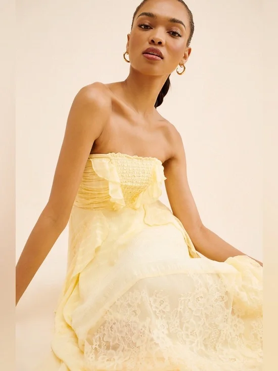 Free People Sheer Bliss Strapless Butter Yellow Lace Ruffle Maxi Dress - Picture 5 of 12
